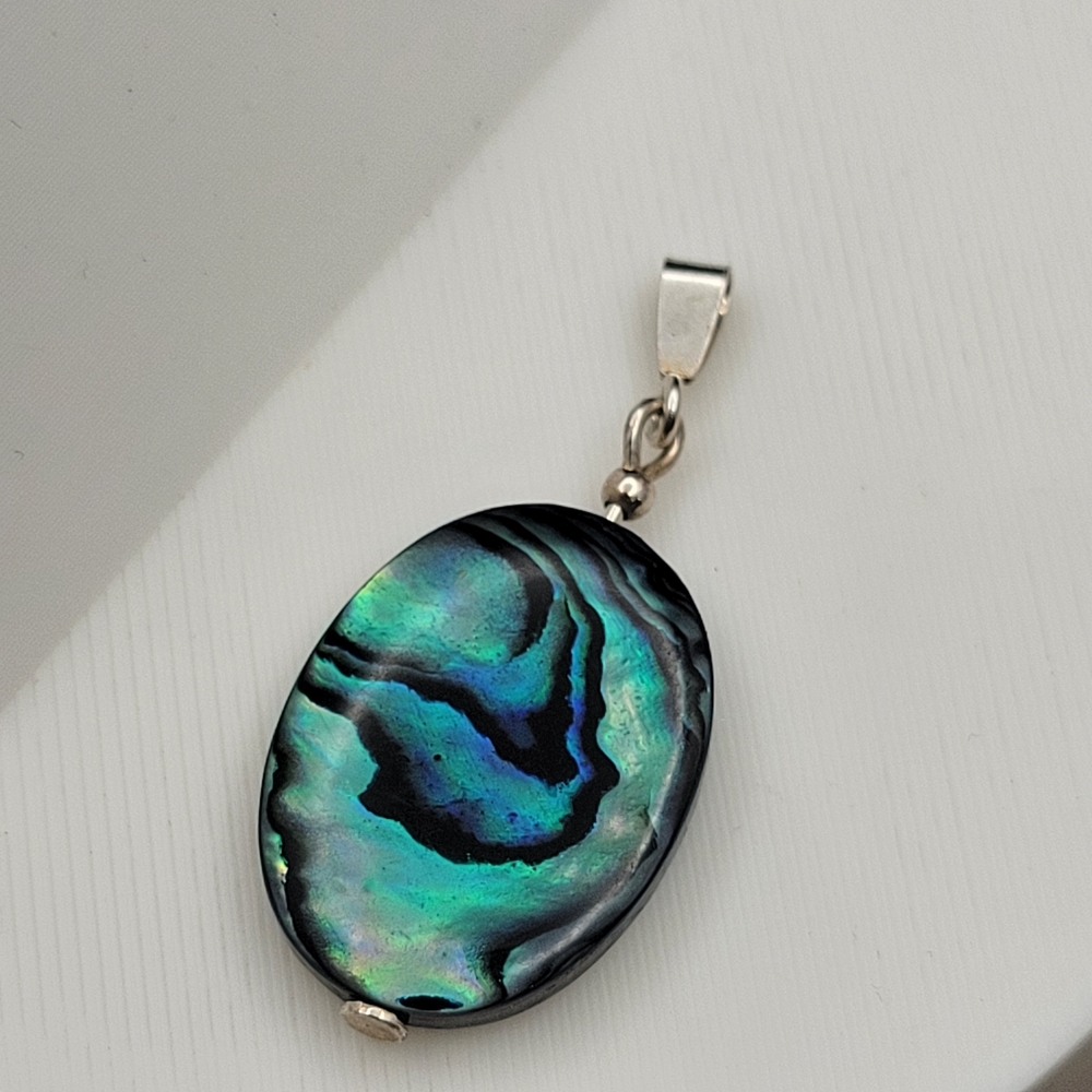 Iridescent Abalone Shell Oval Sterling Silver Pendant - Blue Green